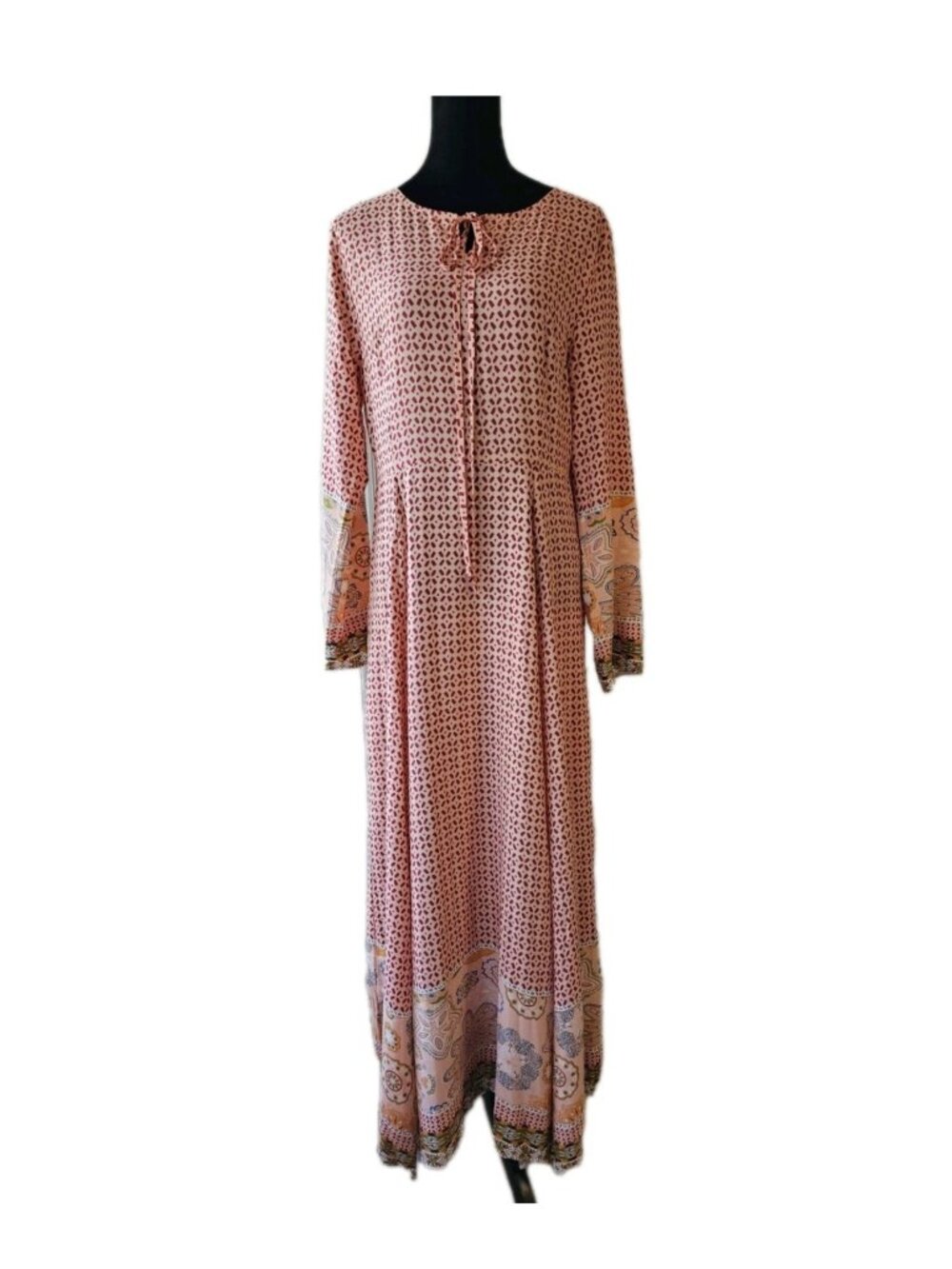 Long Pink Patterned Maxi Dress with Tie Neck